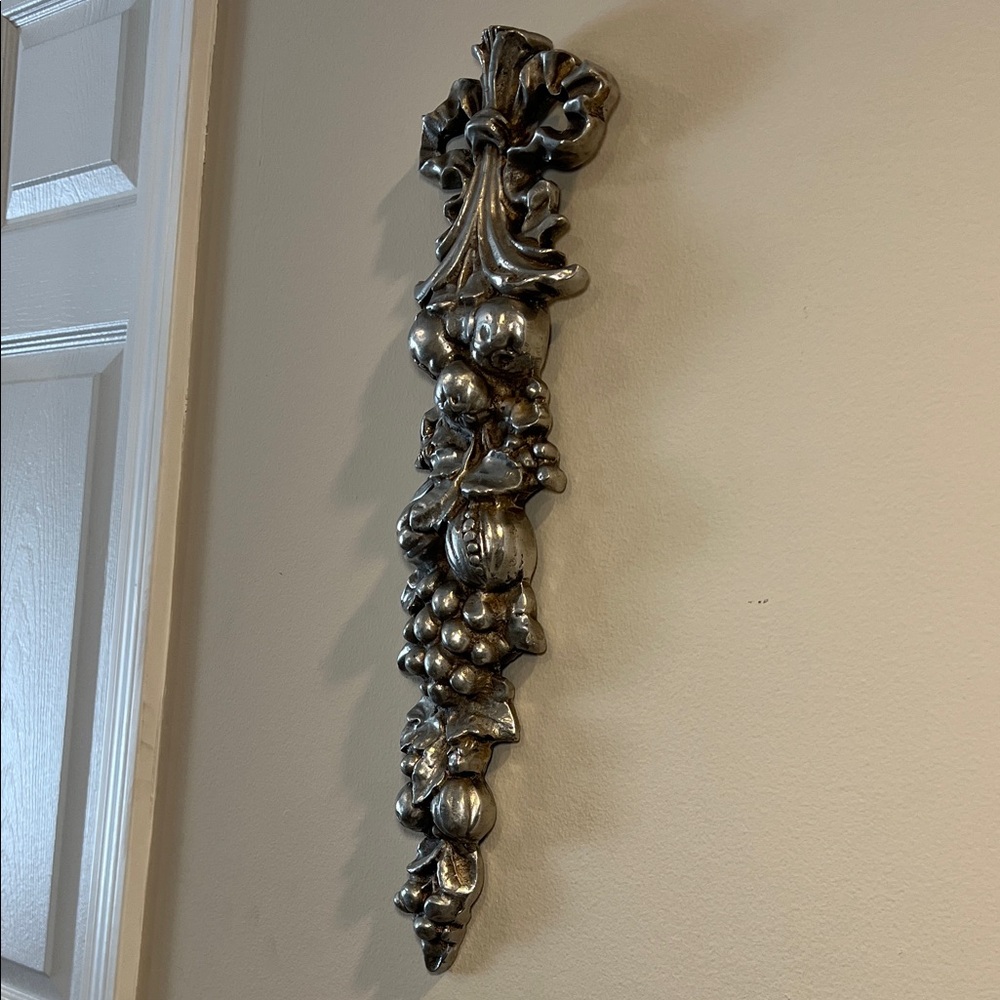 VTG French Country Silver Pewter Fruit Pomegranate Ornate Bow Wall Hanging Decor - Picture 4 of 9